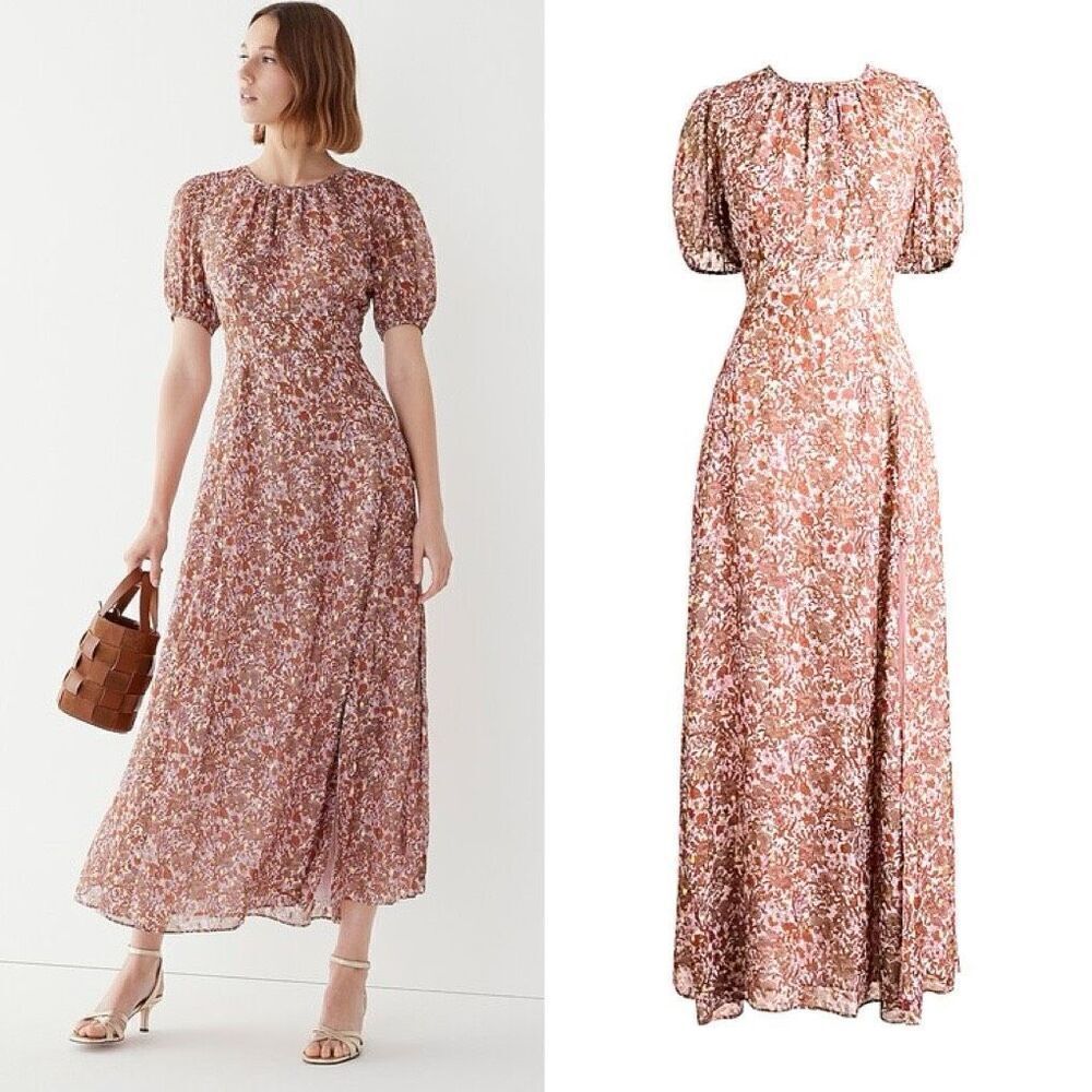 J. Crew Collection Open Back Metallic Clip-Dot Bouquet Floral Maxi Dress Elegant
